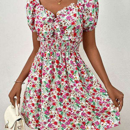 Chic Floral Print Puff Sleeve Dress with High Waist Design for Women