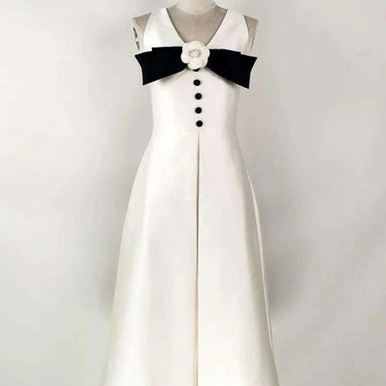 Chic Floral Satin V-neck A-line Dress with Bowknot for Women - Très Elite