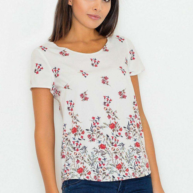 Chic Floral Short Sleeve Blouse in Stretchy Polyester Blend