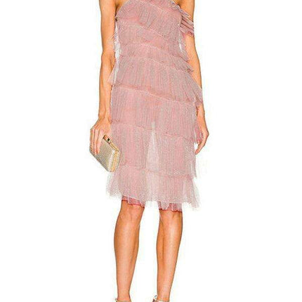 Chic French Backless Halter Dress with Mesh Detail