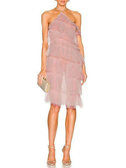 Chic French Backless Halter Dress with Mesh Detail