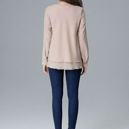 Chic Frill-Embellished Long Sleeve Blouse with Half-Round Neck - Très Elite