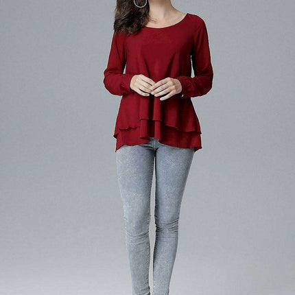 Chic Frill-Embellished Long Sleeve Blouse with Half-Round Neck - Très Elite