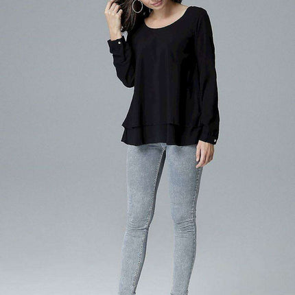 Chic Frill-Embellished Long Sleeve Blouse with Half-Round Neck - Très Elite