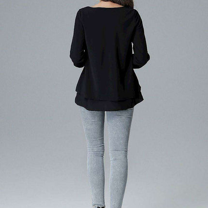 Chic Frill-Embellished Long Sleeve Blouse with Half-Round Neck - Très Elite