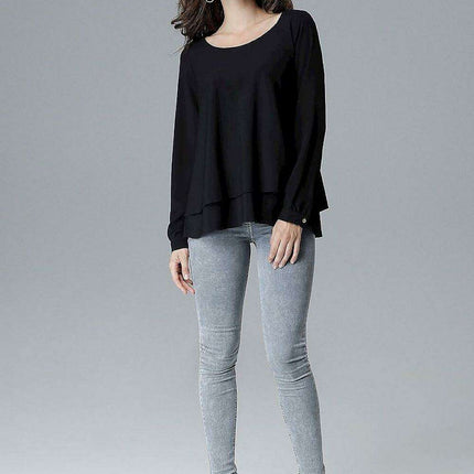 Chic Frill-Embellished Long Sleeve Blouse with Half-Round Neck - Très Elite
