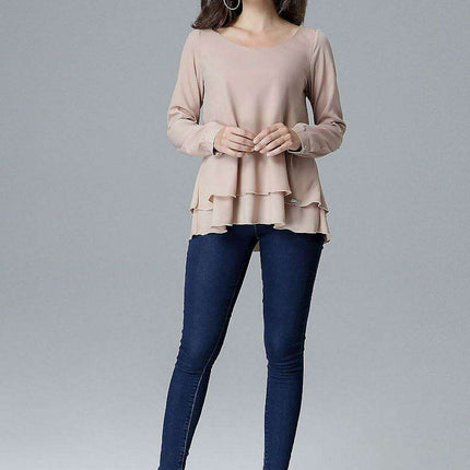 Chic Frill-Embellished Long Sleeve Blouse with Half-Round Neck - Très Elite