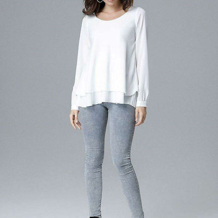 Chic Frill-Embellished Long Sleeve Blouse with Half-Round Neck - Très Elite