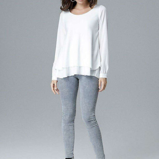 Chic Frill-Embellished Long Sleeve Blouse with Half-Round Neck
