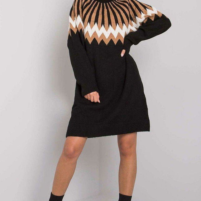 Chic Geometric Knit Turtleneck Day Dress For Women EU Made