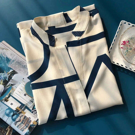 Chic Geometric Print Mulberry Silk Midi Shirt Dress