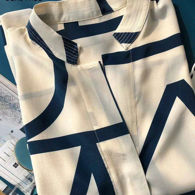 Chic Geometric Print Mulberry Silk Midi Shirt Dress