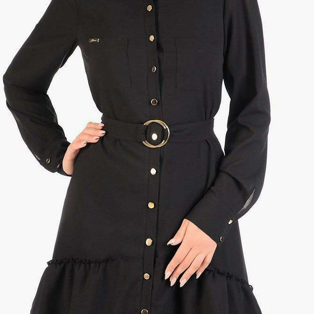 Chic Gold Button Evening Dress with Waist Belt