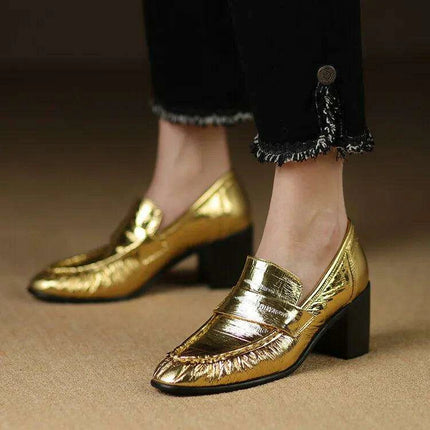 Chic Golden High Heel Chunky Loafers - Stylish Pumps for Women - Très Elite