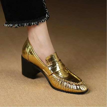 Chic Golden High Heel Chunky Loafers - Stylish Pumps for Women - Très Elite