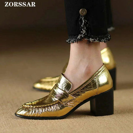 Chic Golden High Heel Chunky Loafers - Stylish Pumps for Women - Très Elite