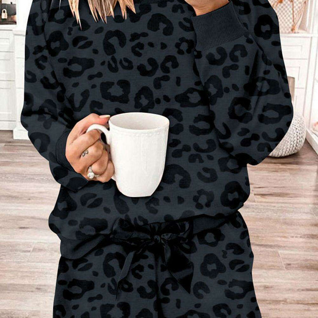 Chic Gray Leopard Satin Lounge Ensemble: Comfortable Two-Piece Homewear for Stylish Relaxation