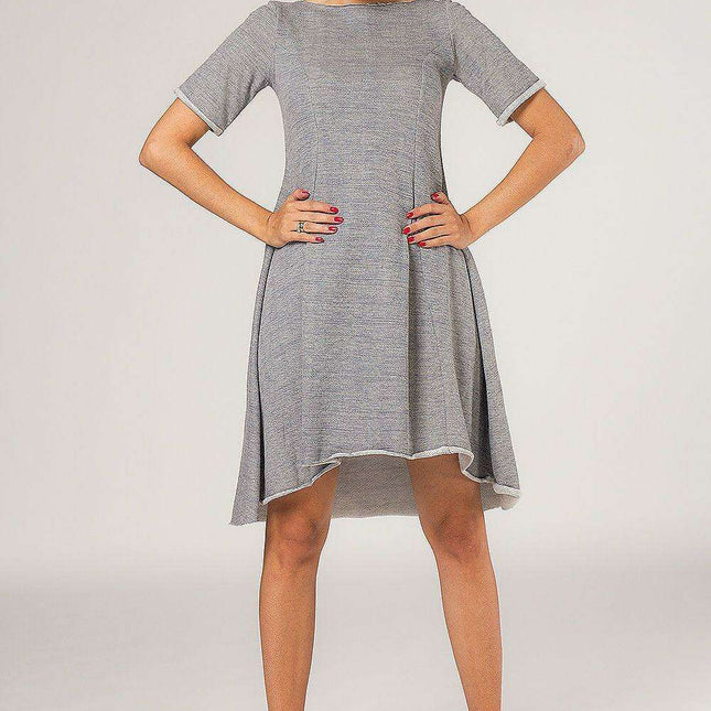 Chic Grey Quilted Dress with Extended Back and Fashionable Flare
