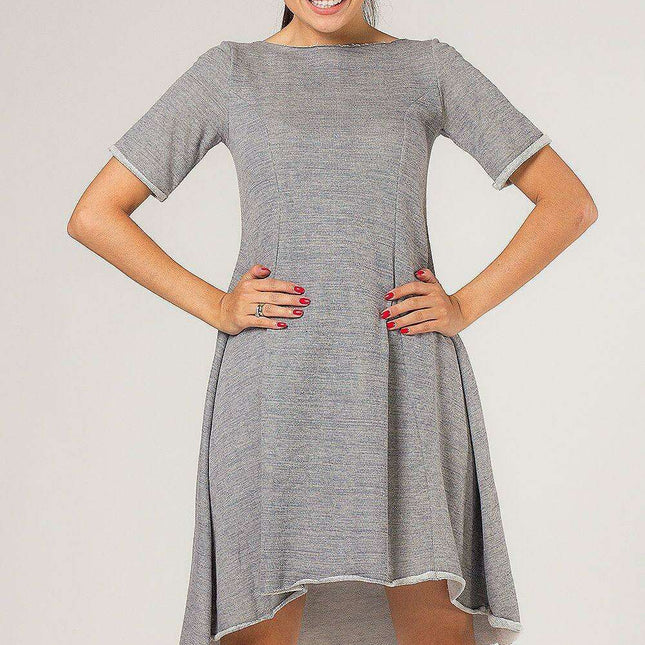 Chic Grey Quilted Dress with Extended Back and Fashionable Flare