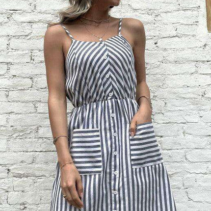 Chic Grey Striped Cotton Linen Slip Dress - Women's All-Day Elegance - Très Elite