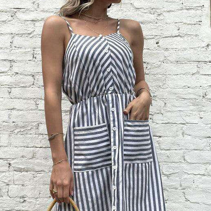 Chic Grey Striped Cotton Linen Slip Dress - Women's All-Day Elegance - Très Elite