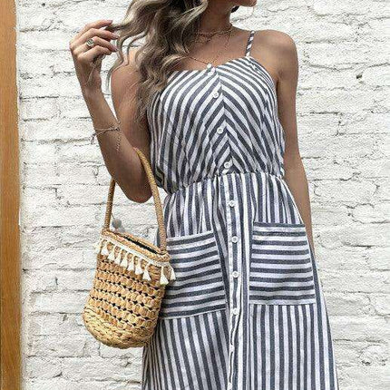Chic Grey Striped Cotton Linen Slip Dress - Women's All-Day Elegance - Très Elite