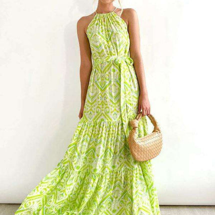 Chic Halter Neck Dress with Stylish Geometric Print for Women