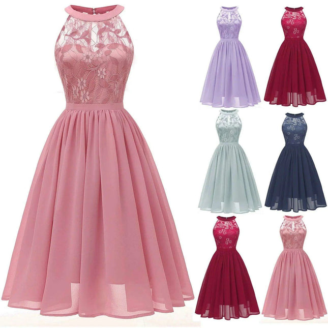 Chic Halter Neck Lace Chiffon Cocktail Dress for Summer Celebrations