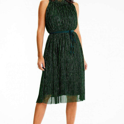 Chic Halter Neck Midi Dress with Decorative Collar and Satin Belt - Très Elite