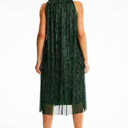 Chic Halter Neck Midi Dress with Decorative Collar and Satin Belt - Très Elite