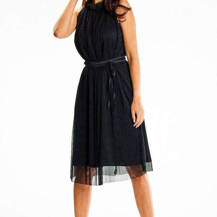 Chic Halter Neck Midi Dress with Decorative Collar and Satin Belt