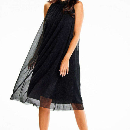 Chic Halter Neck Midi Dress with Decorative Collar and Satin Belt - Très Elite