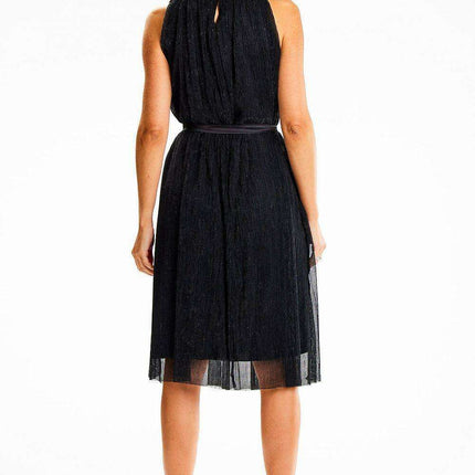 Chic Halter Neck Midi Dress with Decorative Collar and Satin Belt - Très Elite