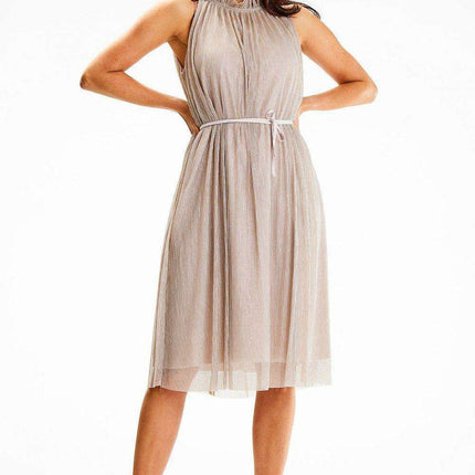 Chic Halter Neck Midi Dress with Decorative Collar and Satin Belt