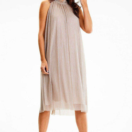 Chic Halter Neck Midi Dress with Decorative Collar and Satin Belt - Très Elite