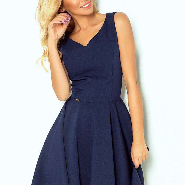 Chic Heart-Neckline Navy Blue Flared Cocktail Dress - Numoco Model 63007