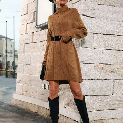 Chic High-Neck Polyester Knit Skirt in Timeless Shade - Très Elite