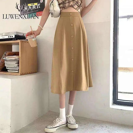 Chic High-Waist A-Line Skirt with Button Details for Effortless Spring-Summer Elegance