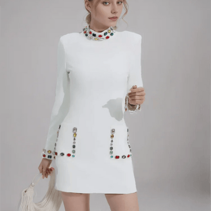 Chic High Waist Mini Dress with Dazzling Gemstone Accents and Elegant Long Sleeves - Stylish Stand Collar Design - Très Elite