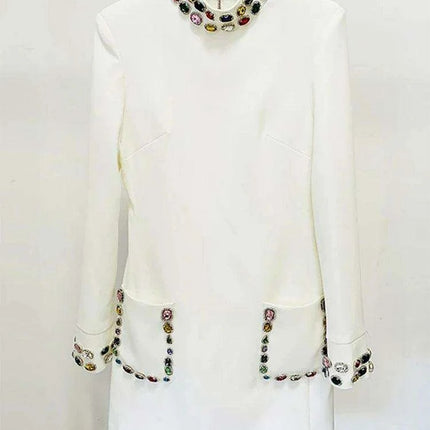 Chic High Waist Mini Dress with Dazzling Gemstone Accents and Elegant Long Sleeves - Stylish Stand Collar Design - Très Elite