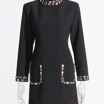 Chic High Waist Mini Dress with Dazzling Gemstone Accents and Elegant Long Sleeves - Stylish Stand Collar Design - Très Elite