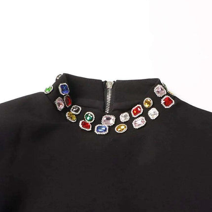 Chic High Waist Mini Dress with Dazzling Gemstone Accents and Elegant Long Sleeves - Stylish Stand Collar Design - Très Elite