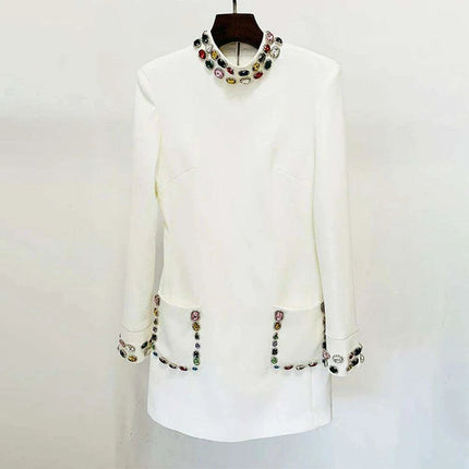Chic High Waist Mini Dress with Dazzling Gemstone Accents and Elegant Long Sleeves - Stylish Stand Collar Design