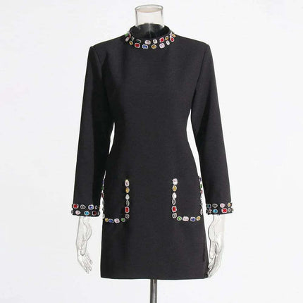 Chic High Waist Mini Dress with Dazzling Gemstone Accents and Elegant Long Sleeves - Stylish Stand Collar Design