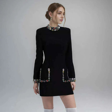Chic High Waist Mini Dress with Dazzling Gemstone Accents and Elegant Long Sleeves - Stylish Stand Collar Design - Très Elite