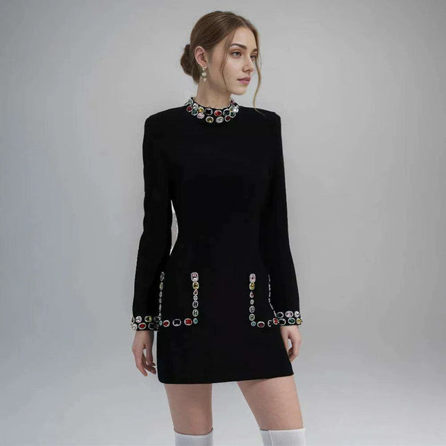 Chic High Waist Mini Dress with Dazzling Gemstone Accents and Elegant Long Sleeves - Stylish Stand Collar Design