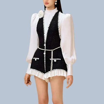 Chic High-Waisted Lantern Sleeve Playsuit with Zip & Lace Detail for Women - Très Elite