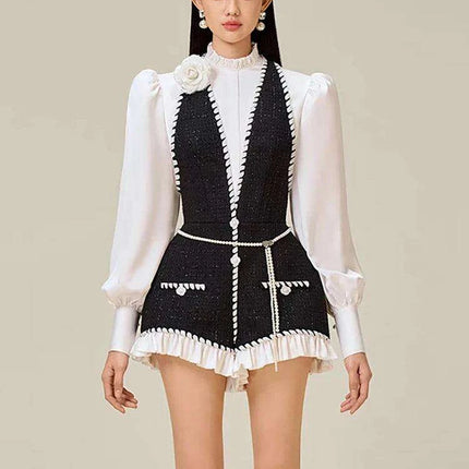 Chic High-Waisted Lantern Sleeve Playsuit with Zip & Lace Detail for Women - Très Elite