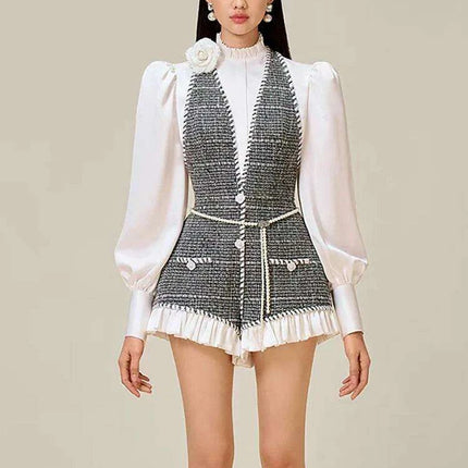 Chic High-Waisted Lantern Sleeve Playsuit with Zip & Lace Detail for Women - Très Elite