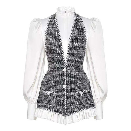 Chic High-Waisted Lantern Sleeve Playsuit with Zip & Lace Detail for Women